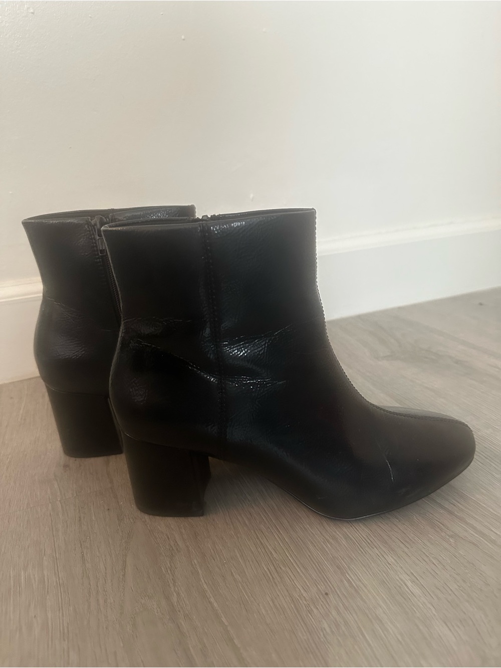 Clarks Black Patent Leather Block Heel Ankle Boots
